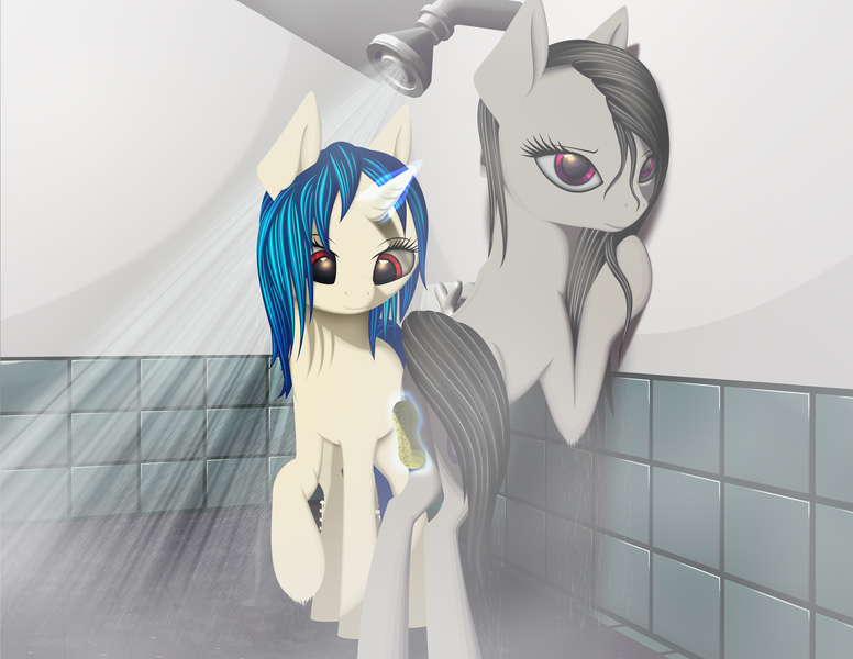 Size: 3300x2550 | Tagged: suggestive, artist:styroponyworks, derpibooru import, octavia melody, vinyl scratch, earth pony, pony, unicorn, bathing, cleaning, cropped, dock, eyes on the prize, female, lesbian, levitation, lineless, magic, scratchtavia, shipping, shower, sponge, washing, water, wet, wet mane, wrong eye color