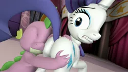 Size: 4500x2531 | Tagged: suggestive, artist:aarondrawsarts, derpibooru import, rarity, spike, dragon, pony, unicorn, 3d, absurd resolution, butt grab, butthug, eyes closed, female, gmod, grope, hand on butt, hilarious in hindsight, hug, looking back, male, molestation, plot, shipping, source filmmaker, sparity, stars, straight