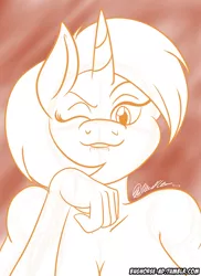 Size: 2400x3300 | Tagged: suggestive, artist:sketchybug, derpibooru import, stellar flare, anthro, unicorn, breasts, female, implied nudity, lip bite, looking at you, mare, milf, monochrome, one eye closed, sketch, solo, solo female, stellar milf, wink