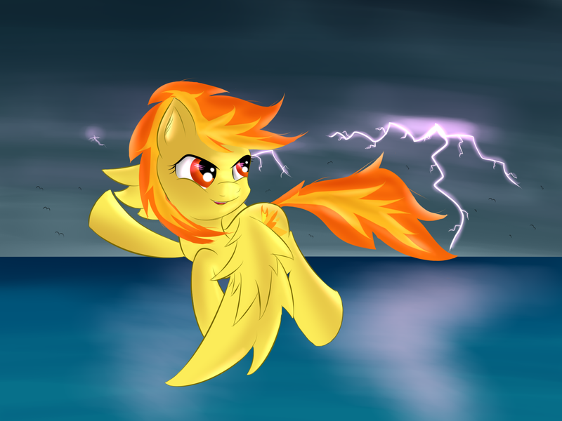 Size: 1600x1200 | Tagged: safe, artist:brok-enwings, derpibooru import, spitfire, pegasus, pony, female, flying, lightning, mare, solo