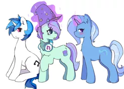 Size: 2834x2032 | Tagged: safe, artist:fluffleduckle, derpibooru import, trixie, vinyl scratch, oc, oc:berry snack, pony, unicorn, blushing, clothes, dj lulamoon, female, hat, headphones, lesbian, magic, magical lesbian spawn, mare, offspring, parent:trixie, parent:vinyl scratch, shipping, simple background, trixie's hat, white background