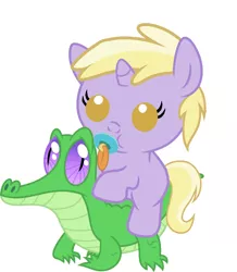Size: 886x1017 | Tagged: safe, artist:red4567, derpibooru import, dinky hooves, gummy, pony, baby, baby pony, cute, dinkabetes, pacifier, ponies riding gators, riding