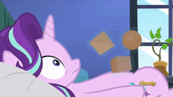 Size: 480x270 | Tagged: safe, derpibooru import, edit, edited screencap, screencap, starlight glimmer, pony, unicorn, every little thing she does, animated, bed, blocks, bouncing, cube, exploitable meme, female, gif, loop, mare, meme, octahedron, on bed, potted plant, reversed, solo, sphere, starlight bedridden, starlight's room
