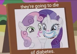 Size: 771x540 | Tagged: cute, derpibooru import, diabetes, diasweetes, dying, edit, edited screencap, editor:potato22, forever filly, photo, picture frame, raribetes, rarity, safe, screencap, sisters, smiling, sweetie belle, text