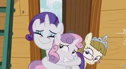 Size: 844x462 | Tagged: safe, derpibooru import, screencap, rarity, sweetie belle, zippoorwhill, pony, forever filly, hape, hug