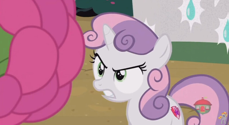 Size: 844x462 | Tagged: safe, derpibooru import, screencap, sweetie belle, pony, forever filly, flower costume, flowerity, solo, sweetie belle is not amused