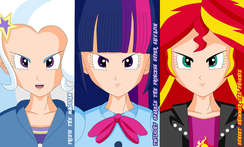 Size: 1700x1024 | Tagged: safe, artist:gonzalossj3, derpibooru import, sunset shimmer, trixie, twilight sparkle, equestria girls, akira toriyama, anime, clothes, counterparts, crossover, dragon ball, dragon ball z, human coloration, looking at you, magical trio, open mouth, style emulation, twilight's counterparts