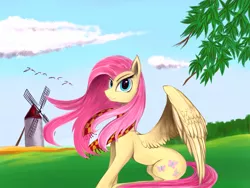 Size: 4000x3000 | Tagged: safe, artist:lth935, derpibooru import, fluttershy, bird, pony, clothes, cloud, scarf, smiling, smirk, solo, spread wings, tree branch, windmill, windswept mane, wings