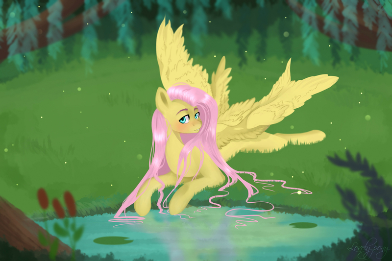 Size: 2449x1632 | Tagged: safe, artist:lovely-pony, derpibooru import, fluttershy, pony, blushing, forest, grass, lilypad, pond, prone, solo, spread wings, wings