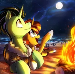 Size: 2507x2480 | Tagged: safe, artist:light262, derpibooru import, oc, unofficial characters only, pony, unicorn, beach, campfire, clothes, commission, female, fire, full moon, looking up, male, mare, moon, night, oc x oc, shipping, silhouette, smiling, stallion, starry night, straight