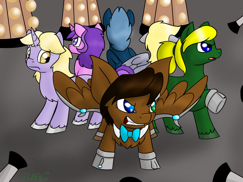 Size: 1024x768 | Tagged: safe, artist:usagi-zakura, derpibooru import, amethyst star, derpy hooves, dinky hooves, star hunter, oc, oc:mister clever, pegasus, pony, daleks, eleventh doctor, female, jack harkness, jenny, male, mare, stallion