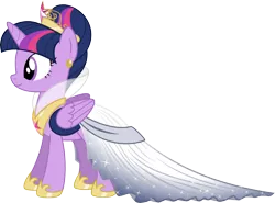 Size: 3942x2911 | Tagged: safe, artist:nstone53, derpibooru import, twilight sparkle, twilight sparkle (alicorn), alicorn, pony, fanfic:daughter of discord, alternate hairstyle, clothes, crown, dress, female, folded wings, high res, mare, regalia, simple background, solo, transparent background, vector