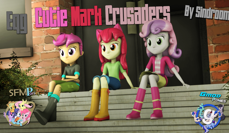 Size: 1787x1036 | Tagged: safe, artist:sindroom, derpibooru import, apple bloom, scootaloo, sweetie belle, equestria girls, 3d, boots, clothes, cutie mark crusaders, downloadable, gmod, old version, shorts, sitting, source filmmaker