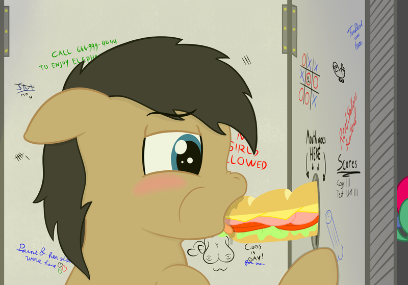 Size: 1872x1308 | Tagged: questionable, artist:cogsfixmore, derpibooru import, oc, oc:cogs fixmore, unofficial characters only, earth pony, pony, dickbutt, food, glory hole, graffiti, implied blowjob, implied oral, implied sex, male, sandwich, stallion