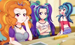 Size: 1500x900 | Tagged: safe, artist:lucy-tan, derpibooru import, adagio dazzle, aria blaze, sonata dusk, equestria girls, rainbow rocks, annoyed, breasts, canterlot high, cleavage, clothes, crossed arms, female, human coloration, looking at you, midriff, short shirt, sitting, smiling, table, the dazzlings, trio, vulgar