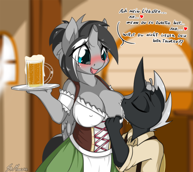 Size: 700x624 | Tagged: alcohol, alicorn, alicorn oc, anthro, artist:srmario, beer, blushing, breastfeeding, breast milk, breasts, broken horn, changeling, changeling oc, clothes, derpibooru import, dialogue, dirndl, dress, erect nipples, eyes closed, female, freckles, german, lactation, male, nipple outline, oc, oc:doctiry, oc:platan, oktoberfest, platiry, questionable, straight, suckling, translated in the description, unofficial characters only