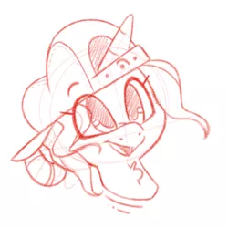 Size: 834x834 | Tagged: safe, artist:quarantinedchaoz, derpibooru import, fresh coat, pony, unicorn, 4chan, backwards ballcap, baseball cap, bust, cap, chest fluff, cute, drawthread, female, hat, mare, monochrome, open mouth, portrait, simple background, smiling, solo, white background