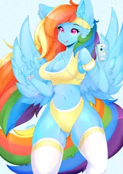 Size: 1024x1448 | Tagged: anthro, artist:ayloulou, belly button, big breasts, breasts, busty rainbow dash, cleavage, clothes, derpibooru import, earbuds, ear fluff, female, high-cut clothing, long hair, mare, mp3 player, pegasus, rainbow dash, smiling, socks, solo, solo female, sports bra, suggestive, sweatband, thigh highs