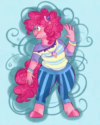 Size: 1024x1272 | Tagged: safe, artist:soft-arthropod, derpibooru import, pinkie pie, anthro, earth pony, unguligrade anthro, blushing, chubby, clothes, cute, diapinkes, female, mare, pants, shirt, simple background, smiling, solo