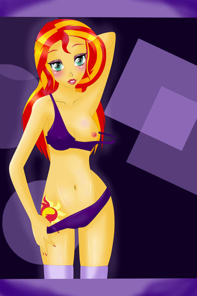 Size: 6000x9000 | Tagged: questionable, artist:trinafiinchen, derpibooru import, sunset shimmer, equestria girls, absurd resolution, armpits, bimbo, bra, breasts, butterface, clothes, cutie mark, cutie mark on equestria girl, female, lipstick, nail polish, nipples, panties, panties pulled down, partial nudity, purple underwear, quality, seductive, sexy, solo, solo female, underwear, undressing