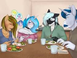 Size: 4000x3000 | Tagged: safe, artist:askbubblelee, derpibooru import, oc, oc:bubble lee, oc:imago, oc:kiwi breeze, oc:mako, oc:silver lining, unofficial characters only, anthro, cat, earth pony, hybrid, orca pony, original species, pegasus, unicorn, anthro oc, awkward smile, body freckles, clothes, dinner, embarrassed, family, father and daughter, female, food, freckles, makolee, male, mare, mother and daughter, oc x oc, shipping, stallion, story in the source, story included, table