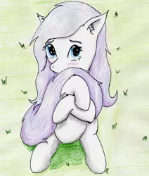 Size: 1919x2268 | Tagged: safe, artist:40kponyguy, derpibooru import, oc, oc:lucky duck, unofficial characters only, earth pony, pony, blushing, cute, hug, looking at you, ocbetes, requested art, shy, solo, tail hug, traditional art
