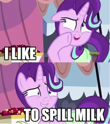 Size: 804x902 | Tagged: safe, derpibooru import, edit, edited screencap, screencap, starlight glimmer, pony, rock solid friendship, chocolate, chocolate milk, everything is ruined, exploitable meme, image macro, meme, milk, pure unfiltered evil, solo, spilled milk, starlight's confessions