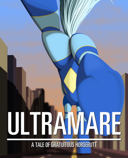 Size: 2550x3150 | Tagged: suggestive, artist:styroponyworks, derpibooru import, edit, oc, oc:ultramare, unofficial characters only, earth pony, pony, belly button, city, from below, giant pony, landing, leaping, macro, midriff, movie poster, plot, road, solo, text