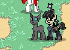 Size: 234x166 | Tagged: safe, derpibooru import, screencap, oc, oc:the stalker, unofficial characters only, pony, robot, robot pony, pony town, duo, grass, purse