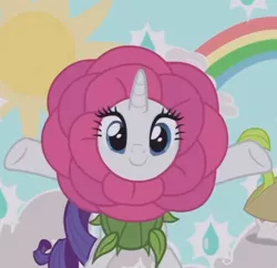 Size: 738x715 | Tagged: safe, derpibooru import, screencap, rarity, sweetie belle, pony, unicorn, forever filly, cute, female, flower, flower costume, flowerity, looking at you, mare, offscreen character, rainbow, raribetes, seedie belle, smiling, sun