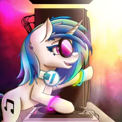 Size: 1700x1700 | Tagged: safe, artist:midnightsix3, derpibooru import, vinyl scratch, pony, headphones, open mouth, solo, speakers, sunglasses, turntable, wires