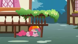 Size: 1365x768 | Tagged: safe, derpibooru import, screencap, pinkie pie, pony, feeling pinkie keen, bored, flower, hat, raised platform, solo, umbrella hat