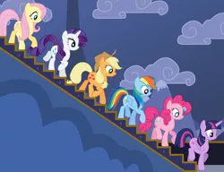 Size: 3750x2875 | Tagged: safe, artist:tomfraggle, derpibooru import, applejack, fluttershy, pinkie pie, rainbow dash, rarity, twilight sparkle, twilight sparkle (alicorn), alicorn, pony, alicorn wings, high res, mane six, stairs, walking