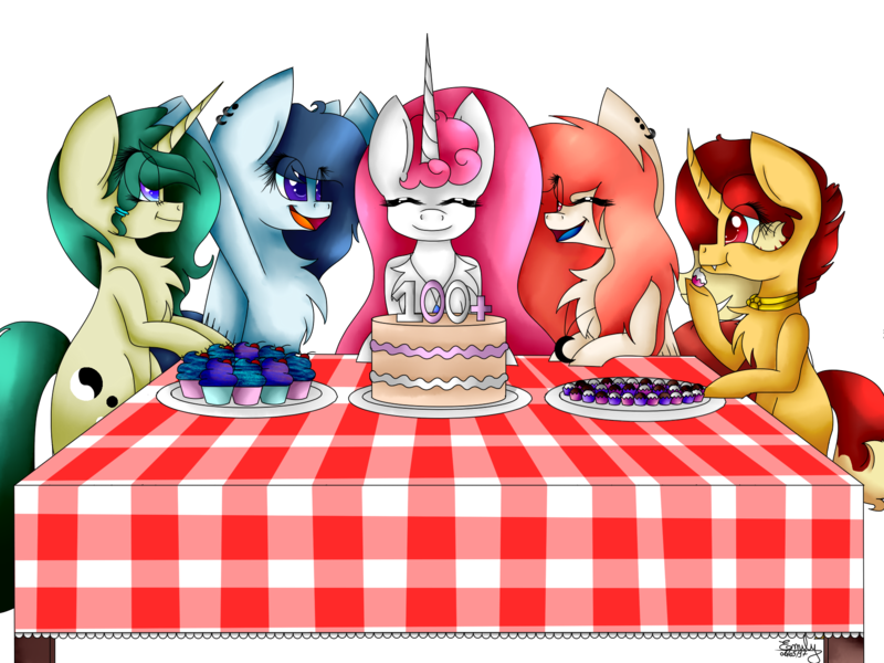 Size: 1800x1350 | Tagged: safe, artist:pinkpearlmlp, derpibooru import, oc, oc:pink lovely neko, unofficial characters only, pegasus, pony, unicorn, cake, cupcake, female, food, mare, milestone, simple background, table, transparent background