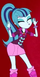 Size: 281x542 | Tagged: safe, derpibooru import, screencap, sonata dusk, equestria girls, rainbow rocks, battle of the bands, bracelet, cropped, eyes closed, heart, jewelry, music notes, pendant, red background, simple background, solo, spikes