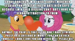 Size: 610x334 | Tagged: balloon, cunt, darling, derpibooru import, edit, edited screencap, female, flower costume, flowerity, forever filly, gold digger, heart, image macro, lesbian, mean, meme, out of character, ow the edge, rarity, rejection, screencap, suggestive, text, twisty pop, vulgar, wall of text