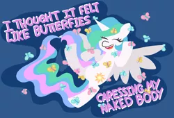 Size: 1235x839 | Tagged: safe, artist:threetwotwo32232, derpibooru import, princess celestia, alicorn, butterfly, pony, two best sisters play, female, mare, missing accessory, patlestia, solo, two best friends play