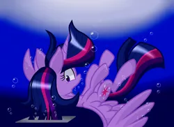 Size: 4528x3296 | Tagged: semi-grimdark, artist:lovehtf421, derpibooru import, twilight sparkle, twilight sparkle (alicorn), alicorn, pony, absurd resolution, asphyxiation, bubble, drowning, female, fetish, imminent death, looking back, mare, solo, stuck, underwater