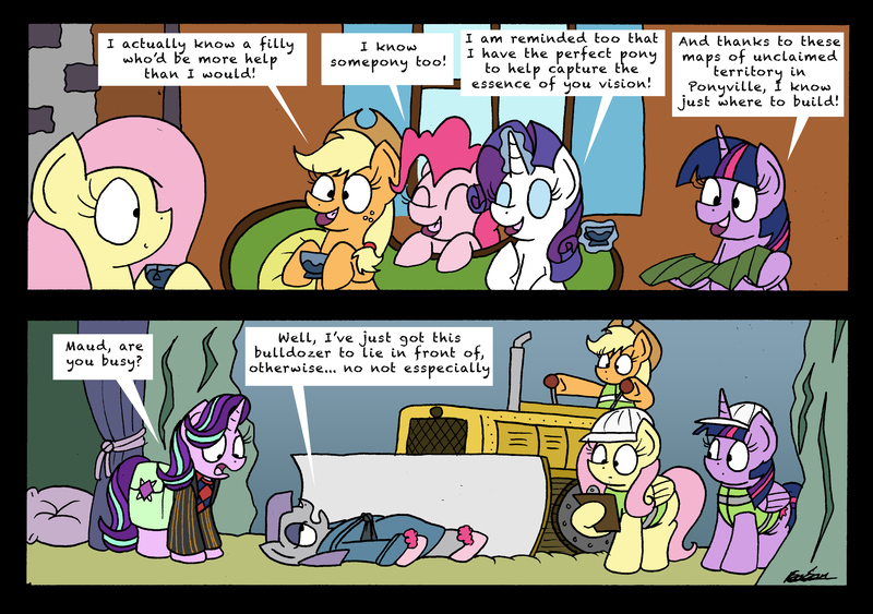 Size: 3477x2446 | Tagged: safe, artist:bobthedalek, derpibooru import, applejack, fluttershy, maud pie, pinkie pie, rarity, starlight glimmer, twilight sparkle, twilight sparkle (alicorn), alicorn, pony, fluttershy leans in, rock solid friendship, arthur dent, bathrobe, bulldozer, clothes, comic, dialogue, ford prefect, hitchhiker's guide to the galaxy, l. prosser, maud's cave