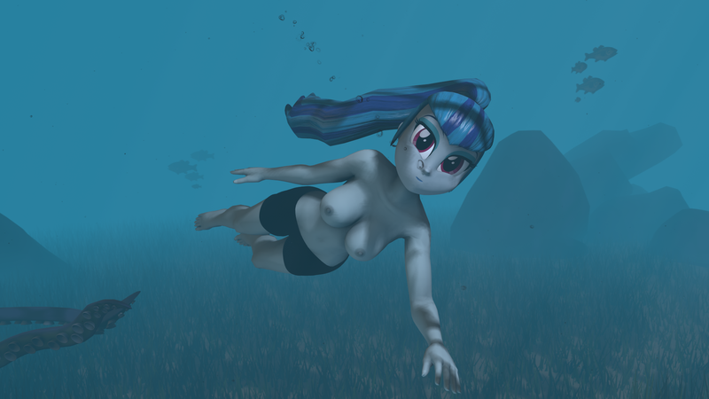 Size: 1920x1080 | Tagged: questionable, artist:blumppidy, derpibooru import, sonata dusk, fish, octopus, equestria girls, rainbow rocks, 3d, barefoot, belly button, breasts, clothes, colored pupils, feet, female, image, looking at you, male swimwear challenge, nipples, nudity, partial nudity, png, solo, solo female, source filmmaker, swimming, swimming trunks, topless, underwater