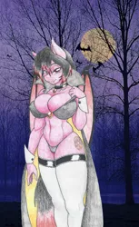 Size: 4609x7514 | Tagged: suggestive, artist:flicker-show, derpibooru import, oc, oc:blood fruit, unofficial characters only, anthro, bat, bat pony, absurd resolution, anthro oc, big breasts, black underwear, bra, breasts, clothes, commission, curvy, erect nipples, fangs, female, full moon, hourglass figure, looking at you, mare, moon, night, nipple outline, nipples, panties, silhouette, solo, solo female, traditional art, tree, underwear