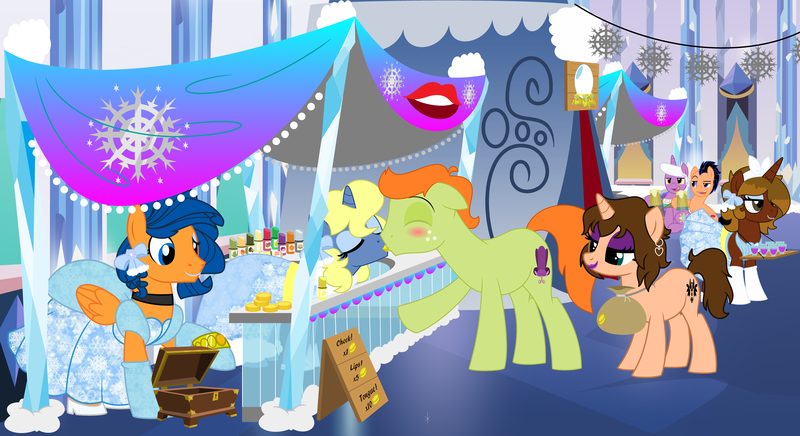 Size: 11000x6000 | Tagged: safe, artist:evilfrenzy, derpibooru import, oc, oc:azure, oc:azure/sapphire, oc:chloe adore, oc:cold front, oc:leviathan, oc:sapphire, unofficial characters only, earth pony, pegasus, pony, unicorn, absurd resolution, bits, blushing, bracelet, clothes, crossdressing, dress, evening gloves, exhibitionism, eyes closed, eyeshadow, female, femboy, gay, gloves, jewelry, kissing, kissing booth, lipstick, long gloves, makeup, male, mare, necklace, prostitution, public use, shoes, smiling, stallion