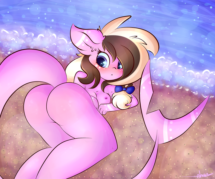 Size: 1280x1066 | Tagged: anthro, artist:ashee, ass, beach, blushing, boobs and butt pose, breasts, derpibooru import, female, nipples, nude beach, nudity, oc, oc:ashee, original species, questionable, shark, shark pony, solo, solo female, unofficial characters only