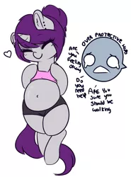 Size: 1280x1726 | Tagged: safe, artist:wickedsilly, derpibooru import, oc, oc:sleepy head, oc:wicked silly, unofficial characters only, pony, unicorn, bipedal, clothes, couple, cute, dialogue, female, heart, male, mare, oc x oc, overprotective, ponysona, pregnant, sensibly-proportioned pregnancy, shipping, simple background, smiling, stallion, straight, white background, wickedsleepy, worried