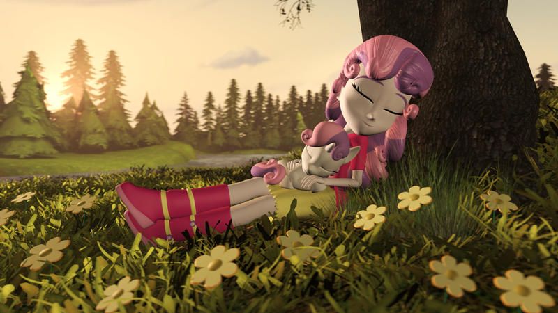 Size: 2000x1125 | Tagged: safe, artist:yanpictures, derpibooru import, sweetie belle, pony, equestria girls, 3d, boots, clothes, cuddling, cute, diasweetes, eyes closed, flower, human ponidox, meadow, river, self ponidox, sitting, skirt, sleeping, snuggling, source filmmaker, sunset, tree