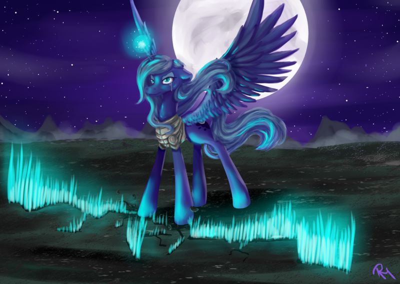 Size: 3496x2480 | Tagged: safe, artist:moon-wing, derpibooru import, princess luna, pony, armor, crying, fissure, floppy ears, magic, moon, night, s1 luna, solo, spread wings, stars, wings