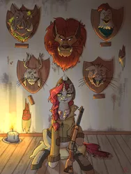 Size: 3000x4000 | Tagged: safe, artist:sourcherry, derpibooru import, oc, unnamed oc, unofficial characters only, cockatrice, jackalope, manticore, naked mole rat, pony, unicorn, fallout equestria, candle, decapitated, female, floor, gun, hunter, hunting trophy, implied murder, mare, mounted head, radhog, rifle, severed head, taxidermy, trophy, wallpaper, weapon