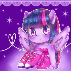 Size: 768x768 | Tagged: safe, artist:krisscheen, derpibooru import, twilight sparkle, equestria girls, boots, chibi, fall formal outfits, looking at you, ponied up, pony ears, sitting, smiling, solo, twilight ball dress, watermark, wings