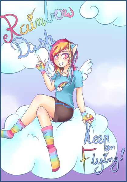 Size: 721x1034 | Tagged: safe, artist:wasurenaiyo, derpibooru import, rainbow dash, human, clothes, cloud, eared humanization, fingerless gloves, gloves, grin, humanized, rainbow socks, shirt, shorts, smiling, socks, solo, starry eyes, striped socks, t-shirt, wingding eyes, winged humanization, wings