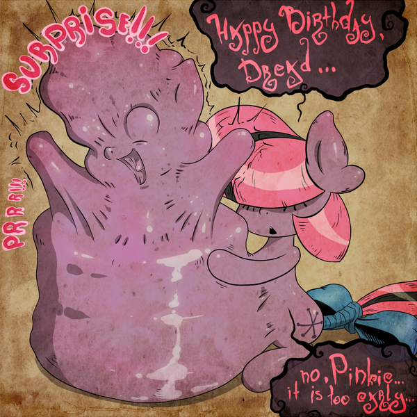 Size: 999x999 | Tagged: questionable, artist:dreadcoffins, derpibooru import, pinkie pie, oc, oc:asterisk the witch, pony, abdominal bulge, cake, dialogue, female, fetish, food, lesbian, pinkie prey, ribbon, unbirthing, vore
